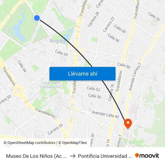 Museo De Los Niños (Ac 63 - Kr 65) to Pontificia Universidad Javeriana map