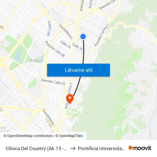 Clínica Del Country (Ak 15 - Cl 84 Bis) (A) to Pontificia Universidad Javeriana map