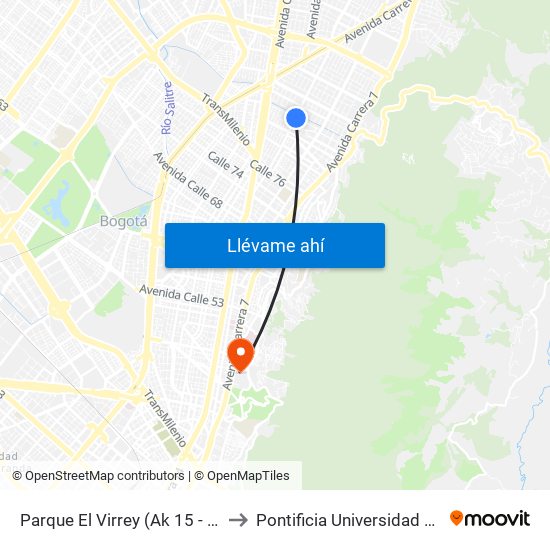 Parque El Virrey (Ak 15 - Cl 87) (A) to Pontificia Universidad Javeriana map