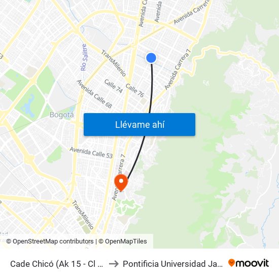 Cade Chicó (Ak 15 - Cl 90) (A) to Pontificia Universidad Javeriana map