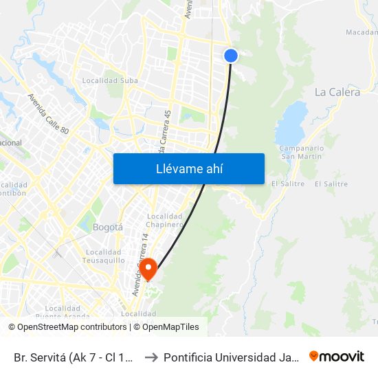 Br. Servitá (Ak 7 - Cl 165) (A) to Pontificia Universidad Javeriana map