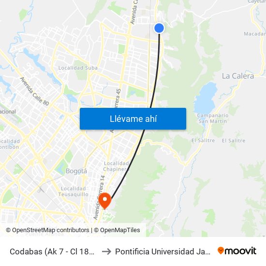 Codabas (Ak 7 - Cl 181a) (A) to Pontificia Universidad Javeriana map