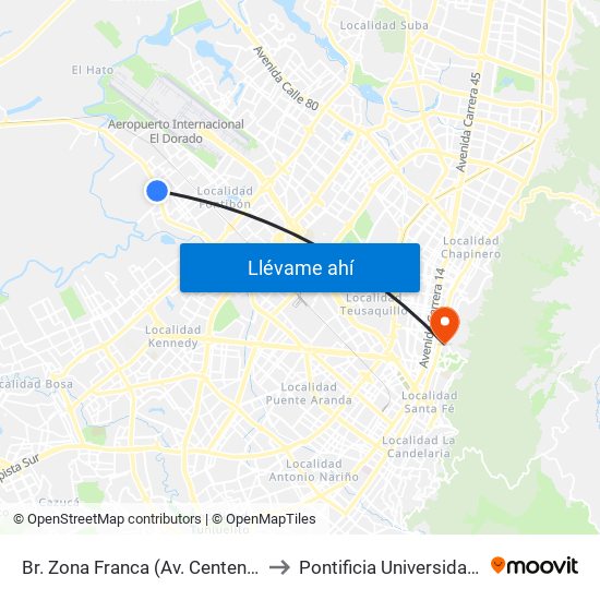 Br. Zona Franca (Av. Centenario - Kr 108a) to Pontificia Universidad Javeriana map