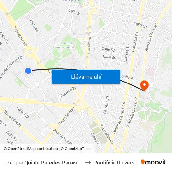 Parque Quinta Paredes Paraíso (Av. Esperanza - Kr 44) to Pontificia Universidad Javeriana map