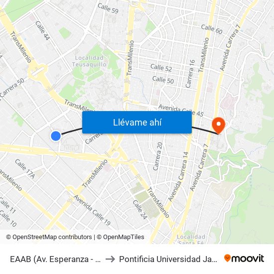 EAAB (Av. Esperanza - Kr 37) to Pontificia Universidad Javeriana map