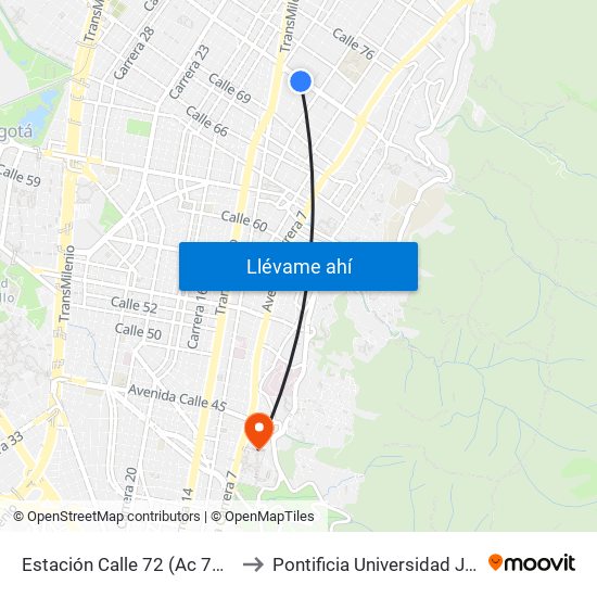 Estación Calle 72 (Ac 72 - Kr 13) to Pontificia Universidad Javeriana map