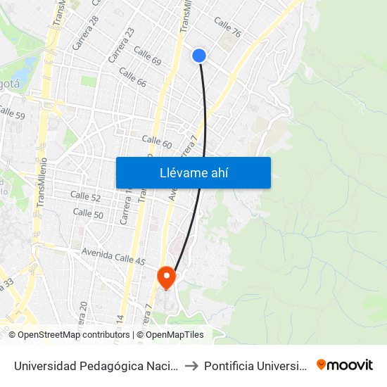 Universidad Pedagógica Nacional (Ac 72 - Ak 11) to Pontificia Universidad Javeriana map