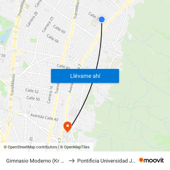 Gimnasio Moderno (Kr 9 - Cl 76) to Pontificia Universidad Javeriana map