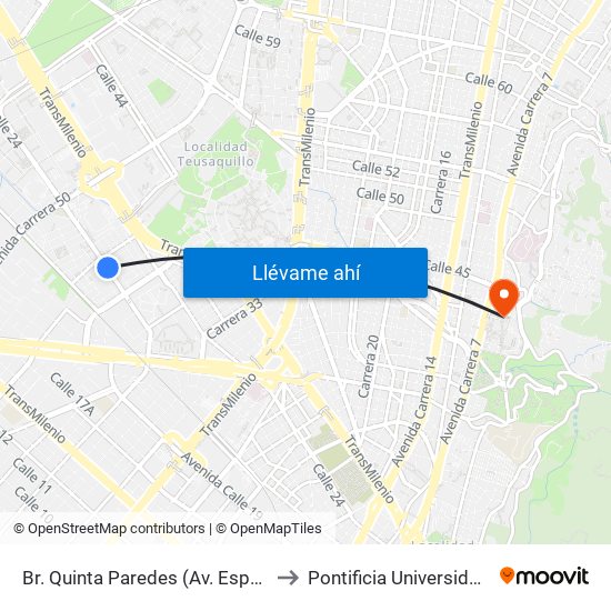 Br. Quinta Paredes (Av. Esperanza - Kr 44a) to Pontificia Universidad Javeriana map