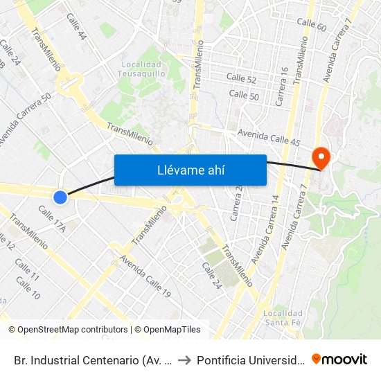 Br. Industrial Centenario (Av. Américas - Tv 39) to Pontificia Universidad Javeriana map