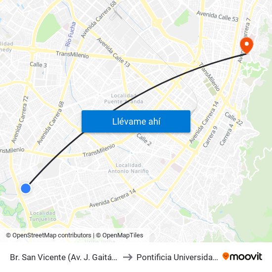 Br. San Vicente (Av. J. Gaitán C. - Cl 54 Sur) to Pontificia Universidad Javeriana map