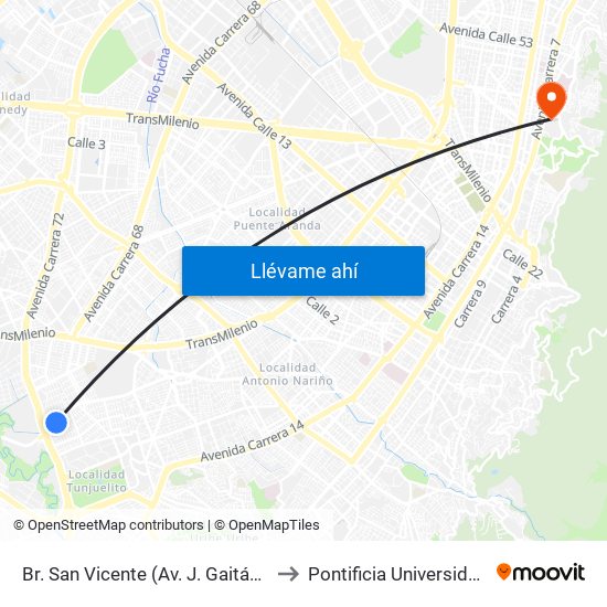 Br. San Vicente (Av. J. Gaitán C. - Cl 53b Sur) to Pontificia Universidad Javeriana map