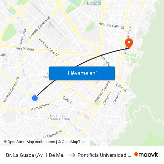 Br. La Guaca (Av. 1 De Mayo - Kr 39) to Pontificia Universidad Javeriana map