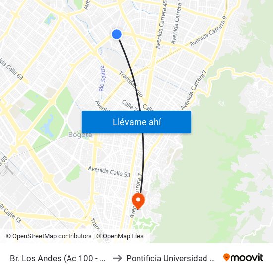 Br. Los Andes (Ac 100 - Kr 66) (B) to Pontificia Universidad Javeriana map