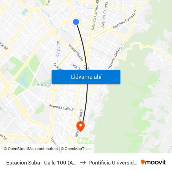 Estación Suba - Calle 100 (Ac 100 - Kr 60) (A) to Pontificia Universidad Javeriana map