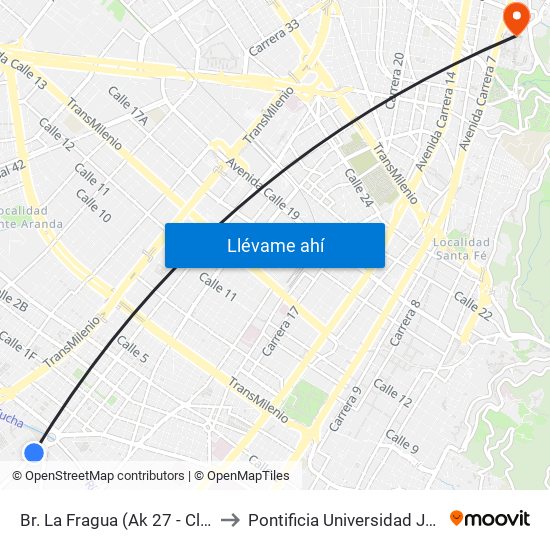 Br. La Fragua (Ak 27 - Cl 14 Sur) to Pontificia Universidad Javeriana map