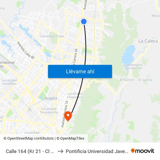 Calle 164 (Kr 21 - Cl 164) to Pontificia Universidad Javeriana map