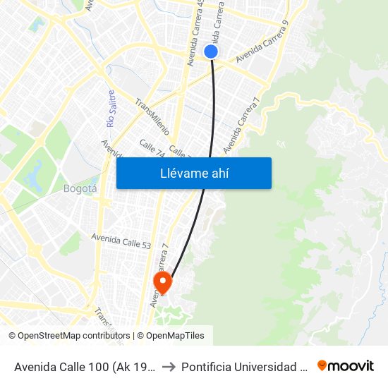 Avenida Calle 100 (Ak 19 - Ac 100) to Pontificia Universidad Javeriana map