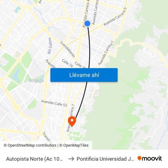 Autopista Norte (Ac 100 - Kr 21) to Pontificia Universidad Javeriana map