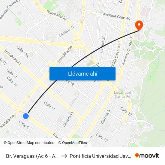 Br. Veraguas (Ac 6 - Ak 27) to Pontificia Universidad Javeriana map