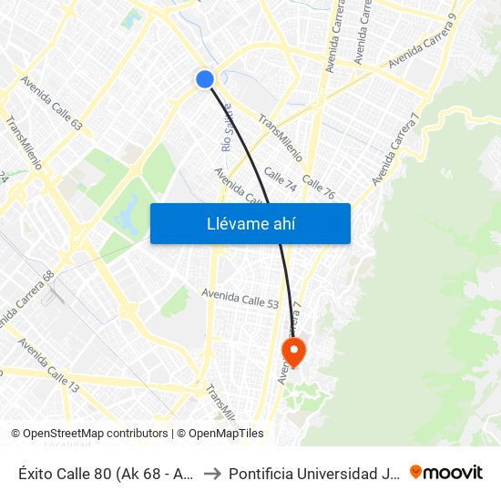 Éxito Calle 80 (Ak 68 - Ac 80) (A) to Pontificia Universidad Javeriana map