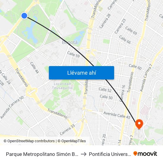 Parque Metropolitano Simón Bolívar  (Ak 68 - Cl 51) (A) to Pontificia Universidad Javeriana map