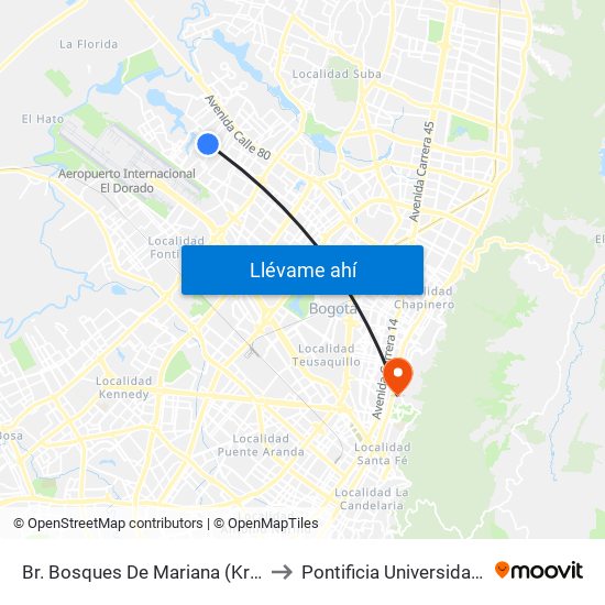 Br. Bosques De Mariana (Kr 106a - Cl 70f) to Pontificia Universidad Javeriana map