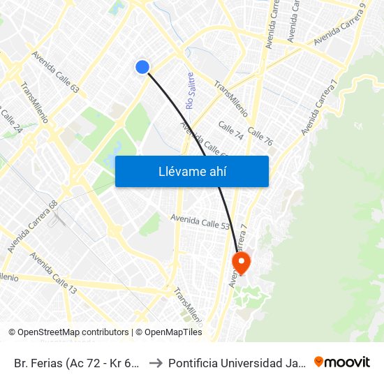 Br. Ferias (Ac 72 - Kr 68g) (A) to Pontificia Universidad Javeriana map