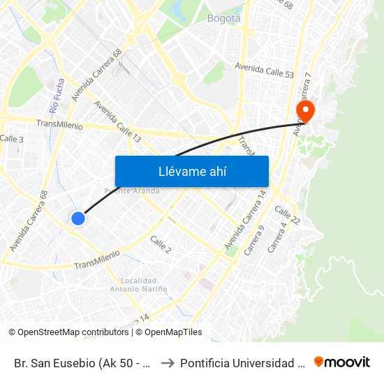 Br. San Eusebio (Ak 50 - Dg 16 Sur) to Pontificia Universidad Javeriana map