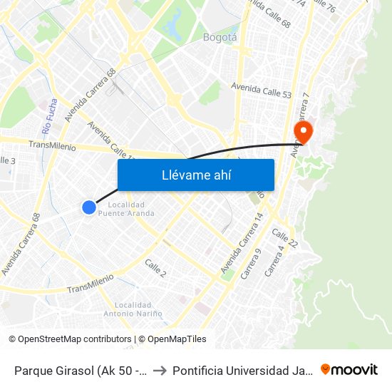 Parque Girasol (Ak 50 - Cl 2d) to Pontificia Universidad Javeriana map