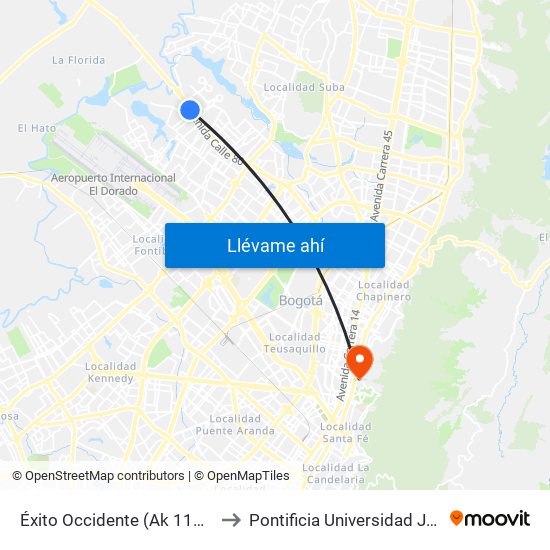 Éxito Occidente (Ak 114 - Cl 79) to Pontificia Universidad Javeriana map