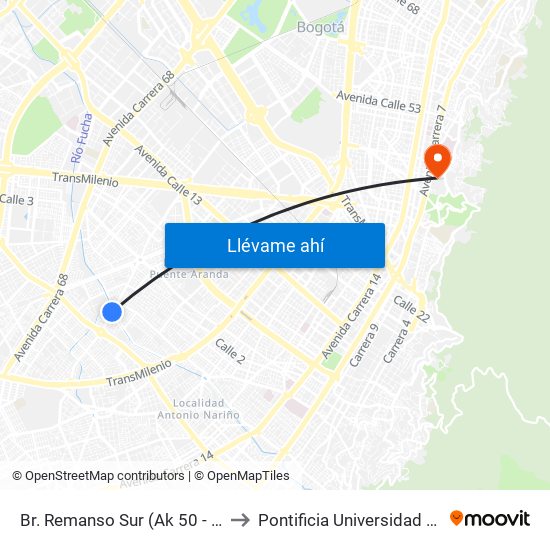 Br. Remanso Sur (Ak 50 - Cl 17 Sur) to Pontificia Universidad Javeriana map