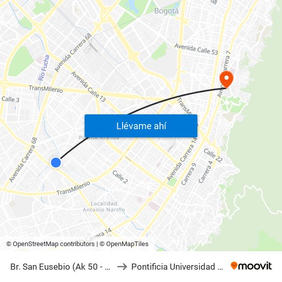 Br. San Eusebio (Ak 50 - Cl 22 Sur) to Pontificia Universidad Javeriana map