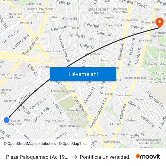 Plaza Paloquemao (Ac 19 - Kr 27) (A) to Pontificia Universidad Javeriana map