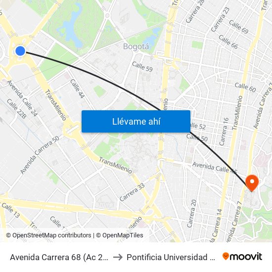 Avenida Carrera 68 (Ac 26 - Kr 68) to Pontificia Universidad Javeriana map