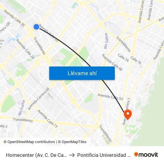 Homecenter (Av. C. De Cali - Cl 52a) to Pontificia Universidad Javeriana map