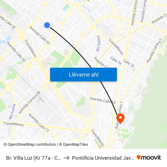 Br. Villa Luz (Kr 77a - Cl 65a) to Pontificia Universidad Javeriana map