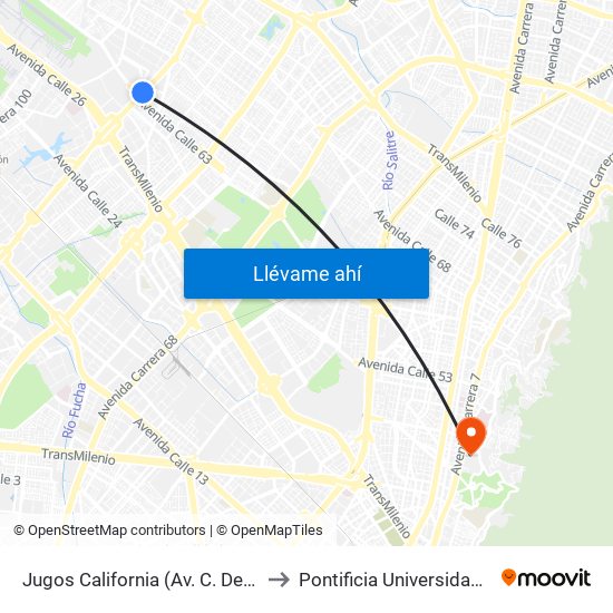 Jugos California (Av. C. De Cali - Ac 63) to Pontificia Universidad Javeriana map