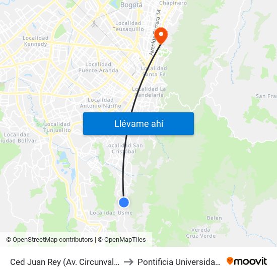 Ced Juan Rey (Av. Circunvalar - Cl 70 Sur) to Pontificia Universidad Javeriana map