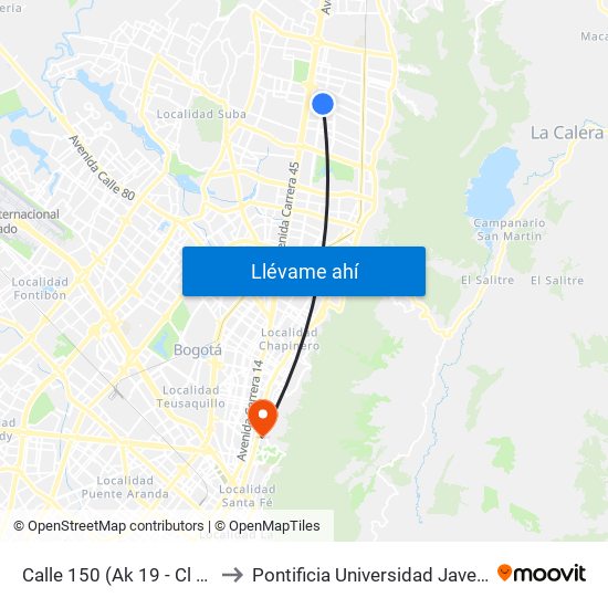 Calle 150 (Ak 19 - Cl 150) to Pontificia Universidad Javeriana map