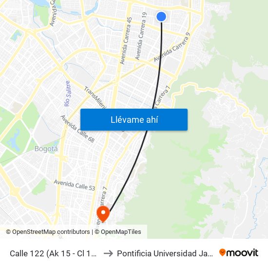 Calle 122 (Ak 15 - Cl 122) (A) to Pontificia Universidad Javeriana map