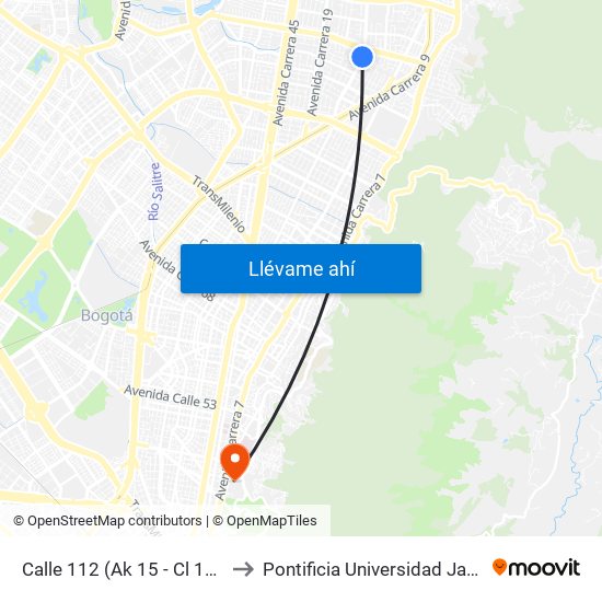 Calle 112 (Ak 15 - Cl 112) (A) to Pontificia Universidad Javeriana map