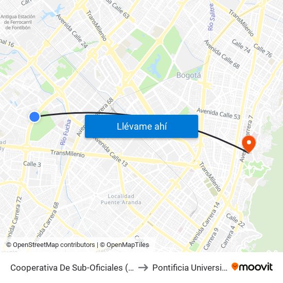 Cooperativa De Sub-Oficiales (Av. Boyacá - Cl 10) (A) to Pontificia Universidad Javeriana map