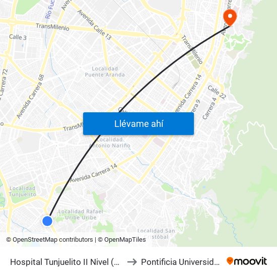 Hospital Tunjuelito II Nivel (Cl 52 Sur - Kr 14) to Pontificia Universidad Javeriana map