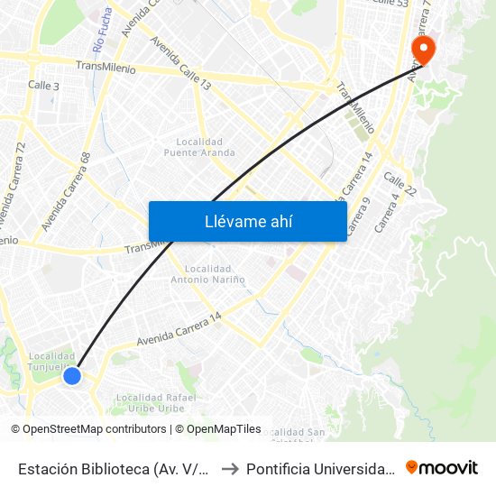 Estación Biblioteca (Av. V/cio - Cl 51 Sur) to Pontificia Universidad Javeriana map