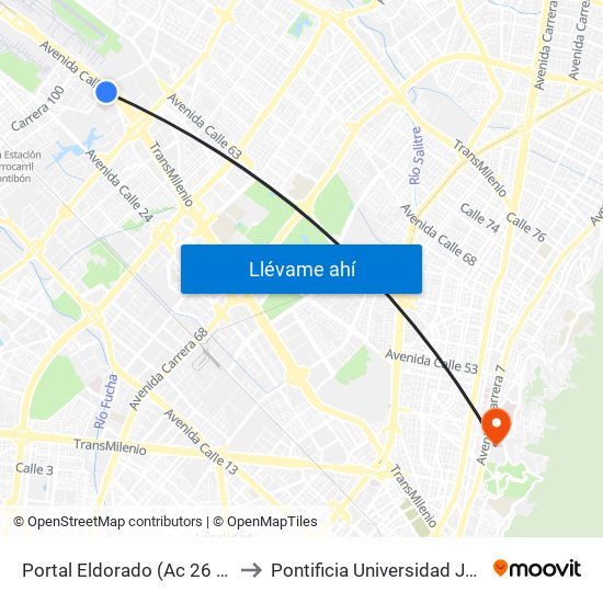 Portal Eldorado (Ac 26 - Ak 96) to Pontificia Universidad Javeriana map