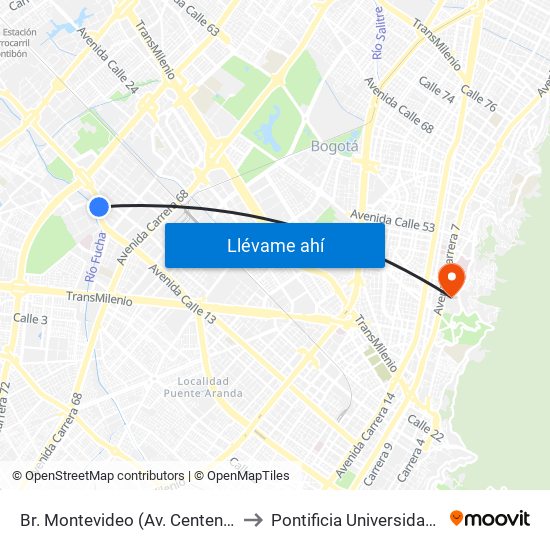Br. Montevideo (Av. Centenario - Kr 68b) to Pontificia Universidad Javeriana map