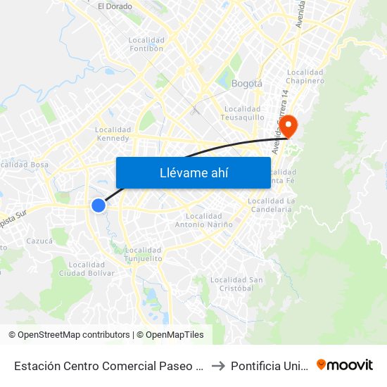 Estación Centro Comercial Paseo Villa Del Río - Madelena (Auto Sur - Kr 66a) to Pontificia Universidad Javeriana map