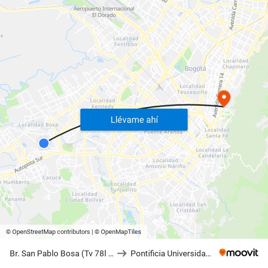Br. San Pablo Bosa (Tv 78l - Cl 69a Sur) to Pontificia Universidad Javeriana map