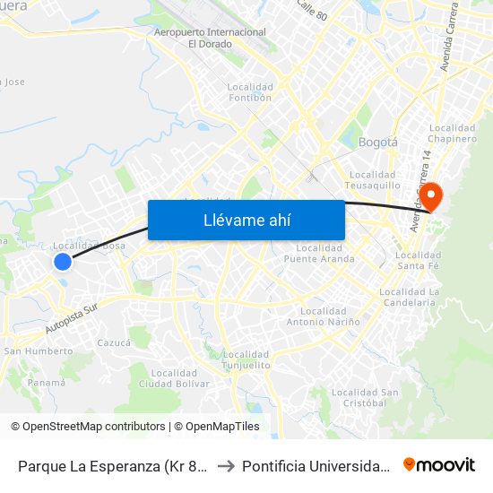 Parque La Esperanza (Kr 80j - Cl 75 Sur) to Pontificia Universidad Javeriana map
